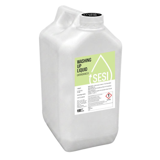 Large container of washing up liquid with a green label on a white background