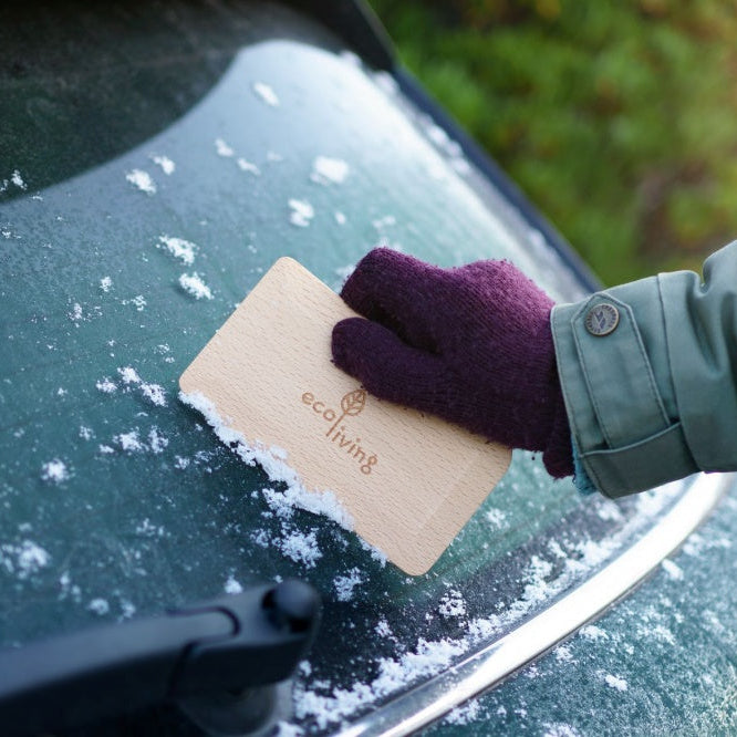 A person wearing a green jacket and a dark purple glove uses a rectangular cardboard ice scraper with the brand name 'ecoflow' printed on it, clearing snow from a green car windshield.