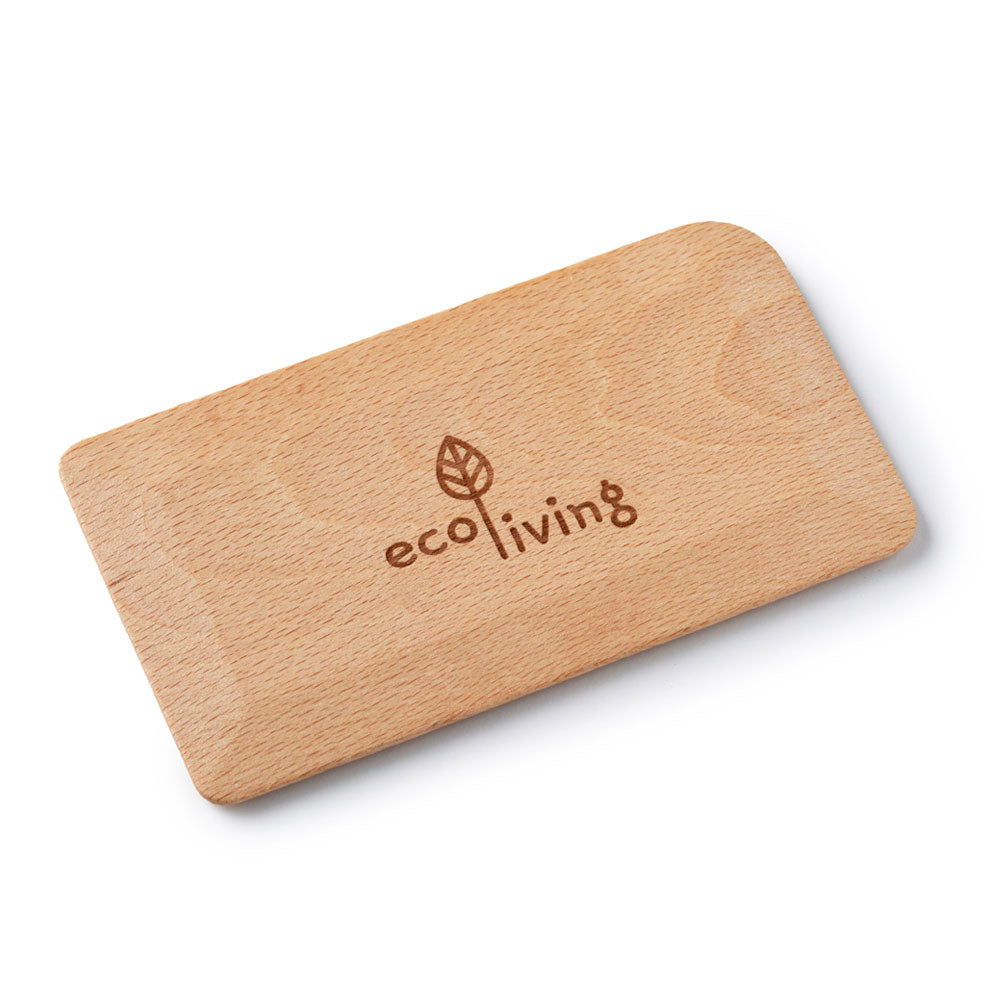 A rectangular light wood card case with rounded corners, featuring the 'ecoliving' brand name and leaf logo engraved on the front, set against a plain white background.
