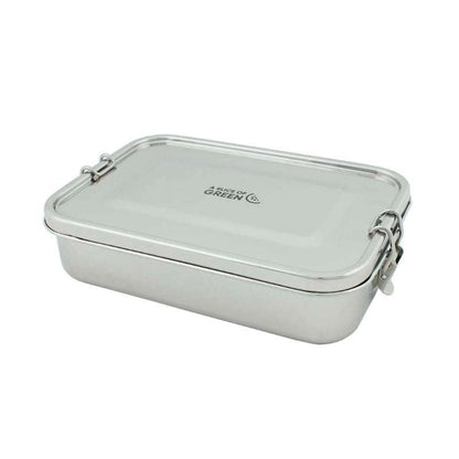 Silver rectangular lunch box with a lid on a white background