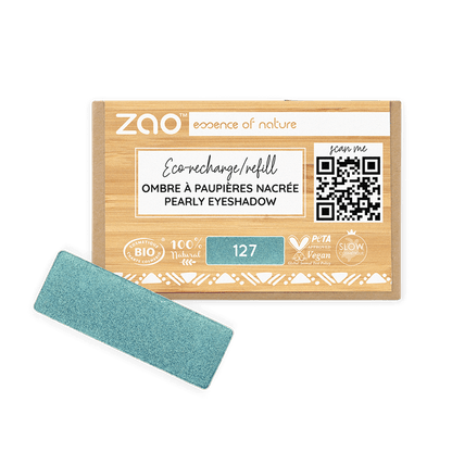 ORGANIC Natural Eye Shadow REFILL in a teal pearly shade with eco-friendly, vegan, and natural certification labels.