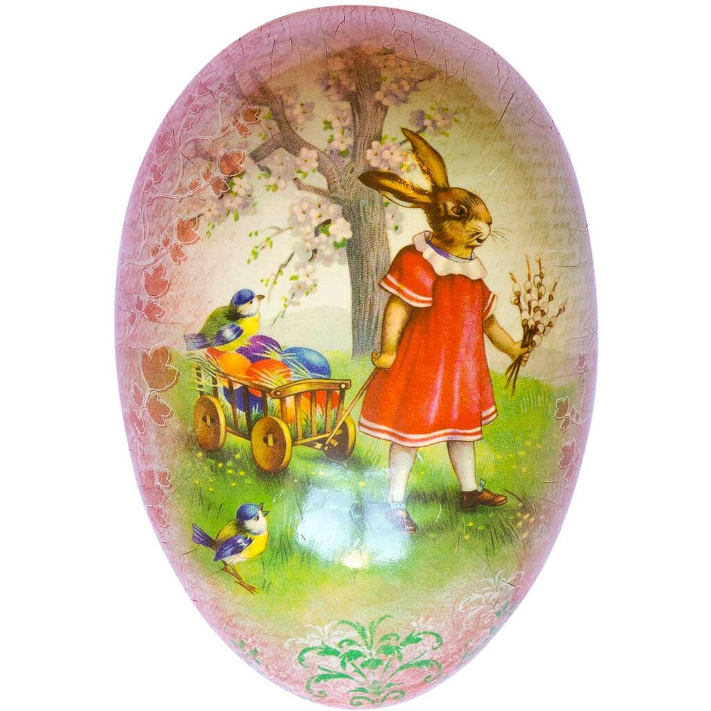 Refillable Easter Egg Box featuring vintage-style illustration of a rabbit in a red dress with birds and colorful eggs outdoors