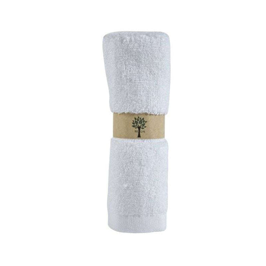 White bamboo cloth with a brown band featuring a tree design on a white background