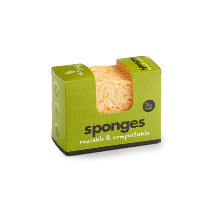 Compositable Sponge UK (2pc) pack showing reusable, compostable sponges in green eco-friendly packaging