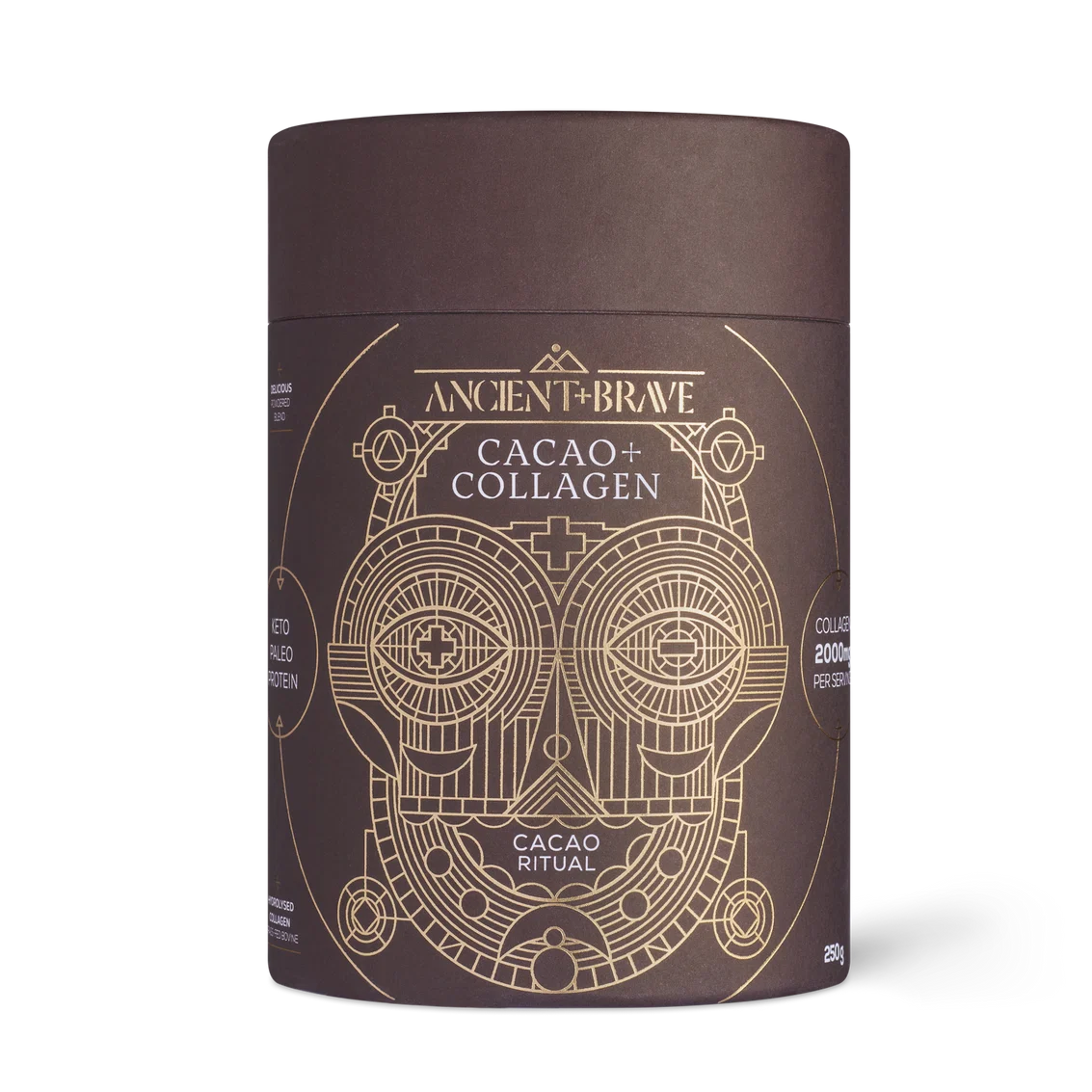 A cylindrical dark brown container of Ancient+Brave Cacao + Collagen with an intricate gold geometric owl illustration on the label, set against a plain white background.