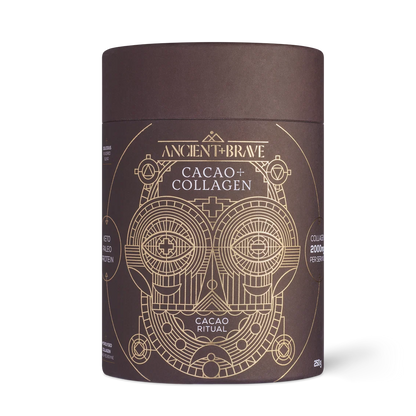 A cylindrical dark brown container of Ancient+Brave Cacao + Collagen with an intricate gold geometric owl illustration on the label, set against a plain white background.