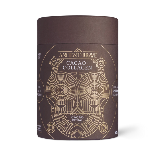 A cylindrical dark brown container of Ancient+Brave Cacao + Collagen with an intricate gold geometric owl illustration on the label, set against a plain white background.