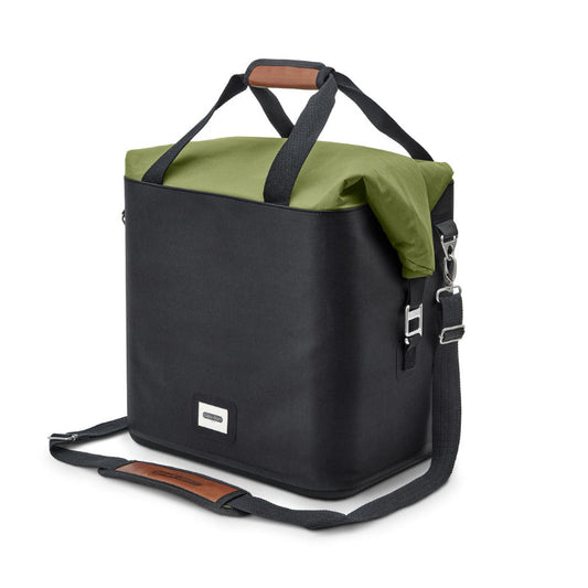 Black and green bag with a visible brand label on a white background