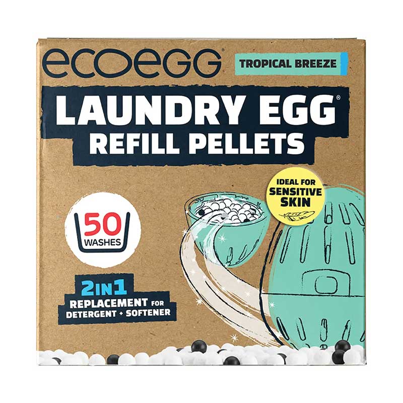 Box of ecoEgg laundry egg refill pellets with branding and product details.