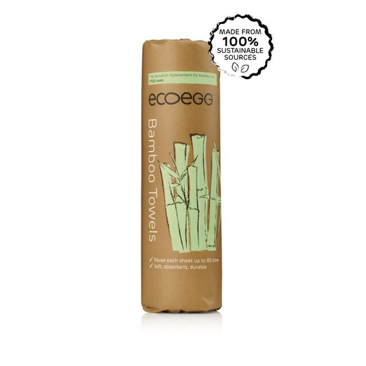 Roll of ecoEgg bamboo towels with a sustainability badge on a white background