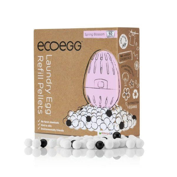 ecoEgg laundry refill pellets packaging with pink egg and white pellets on a white background