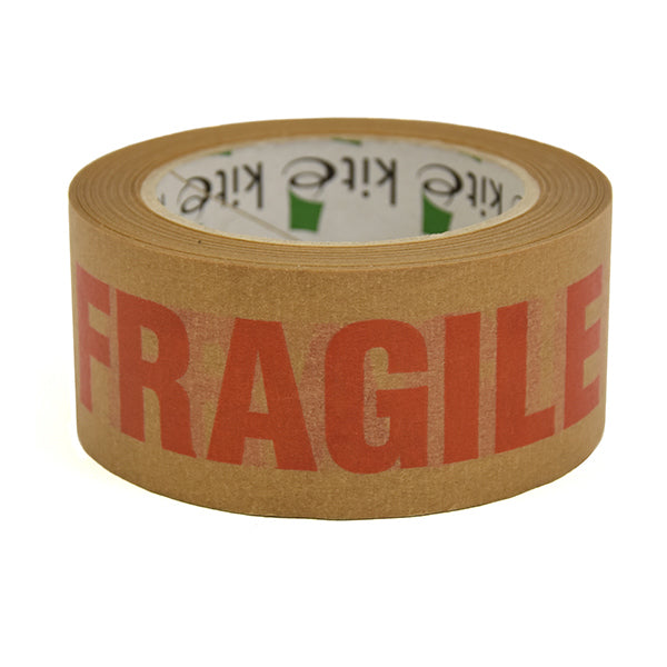 Roll of brown tape with 'FRAGILE' text on a white background