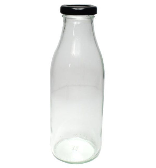 Clear glass bottle with a black lid on a white background