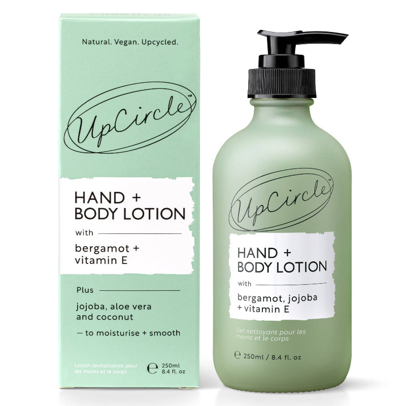 UpCircle hand and body lotion bottle and packaging on a white background