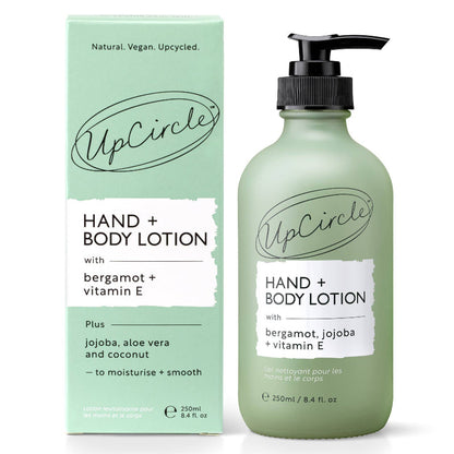 UpCircle hand and body lotion bottle and packaging on a white background