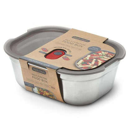 Stainless steel food storage box with a gray lid and cardboard label on a white background