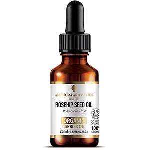 Amber glass dropper bottle of Rosehip Seed Oil with label highlighting organic carrier oil and natural skincare benefits