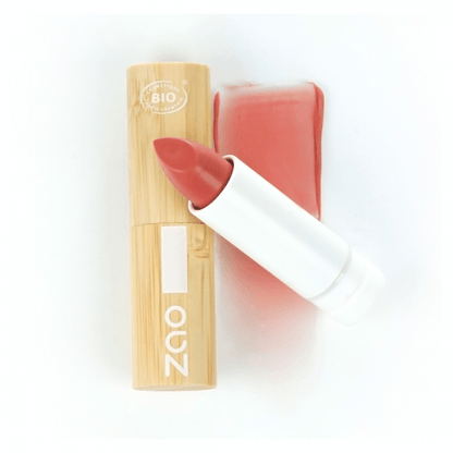 Colour + Plump Lip Balm (3.5g) with natural bamboo case beside smooth lip color swatch on white background