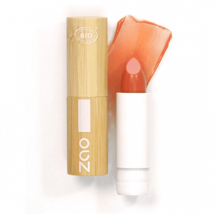 Natural toned Colour + Plump Lip Balm (3.5g) with bamboo casing and smooth color balm swatch on white background