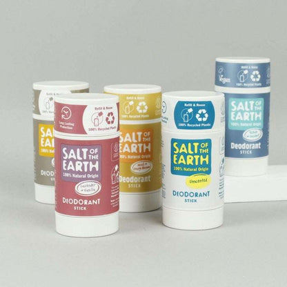 Refillable Natural Deodorant Stick (84g) in assorted natural scents with plastic free and recycled packaging options.