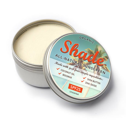 Open container of Shade all-natural sunscreen with a colorful label on a white background