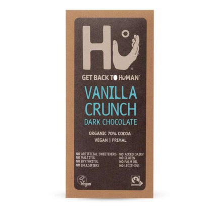 Dark Chocolate ORGANIC (60g) with vanilla crunch, vegan, organic, ethical, and sustainable packaging design.