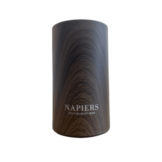 Wooden cylindrical product with 'Napiers' branding on a white background