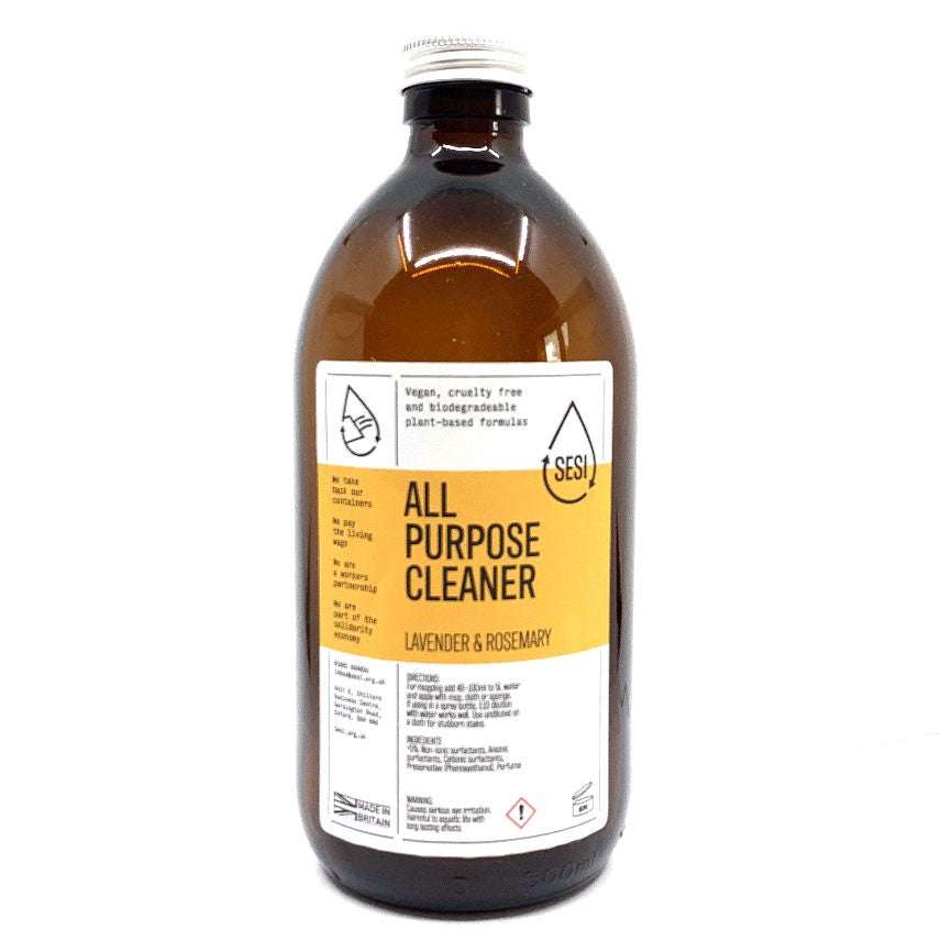 A label of an all-purpose cleaner bottle with yellow background and text that reads 'ALL PURPOSE CLEANER LAVENDER & ROSEMARY'. The brand name 'SESI' is prominently displayed at the top.