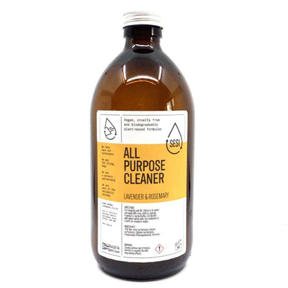 A label of an all-purpose cleaner bottle with yellow background and text that reads 'ALL PURPOSE CLEANER LAVENDER & ROSEMARY'. The brand name 'SESI' is prominently displayed at the top.