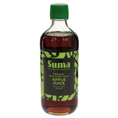 Bottle of Suma organic apple juice with a green cap on a white background