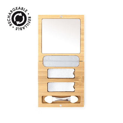 Magnetic Bamboo Palette with mirror, compartments, and applicator for natural and plastic free makeup storage and use