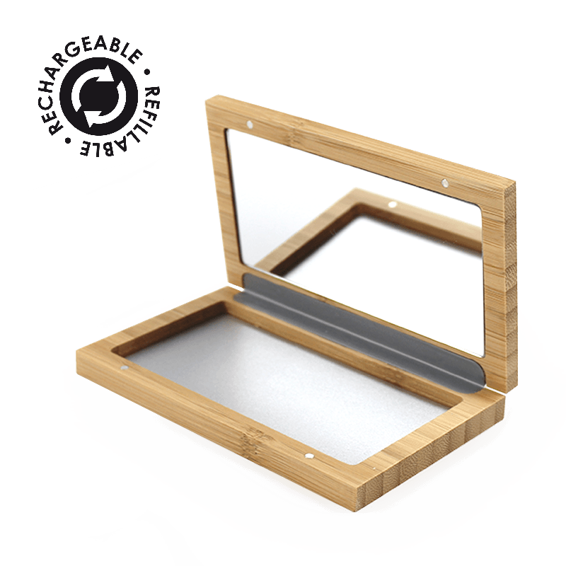Open Magnetic Bamboo Palette with wooden frame and built-in mirror for natural and plastic-free makeup application tools.