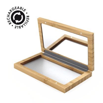 Open Magnetic Bamboo Palette with wooden frame and built-in mirror for natural and plastic-free makeup application tools.