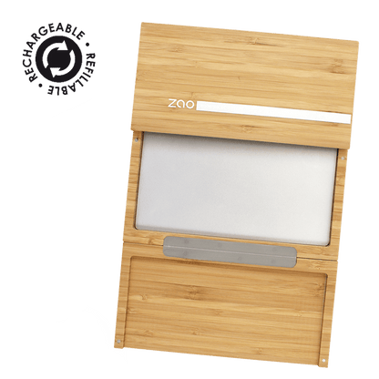 Magnetic Bamboo Palette with natural bamboo surface and metal mixing plate for organic and plastic free skincare or makeup.