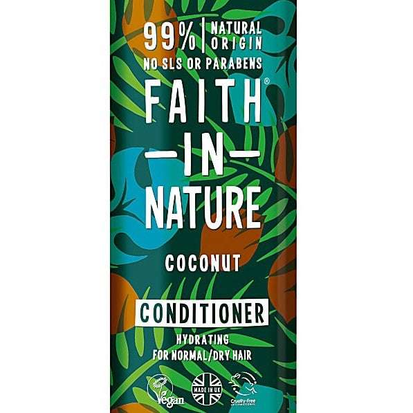 Faith in Nature coconut conditioner bottle with leafy design on a white background