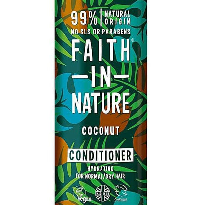 Faith in Nature coconut conditioner bottle with leafy design on a white background