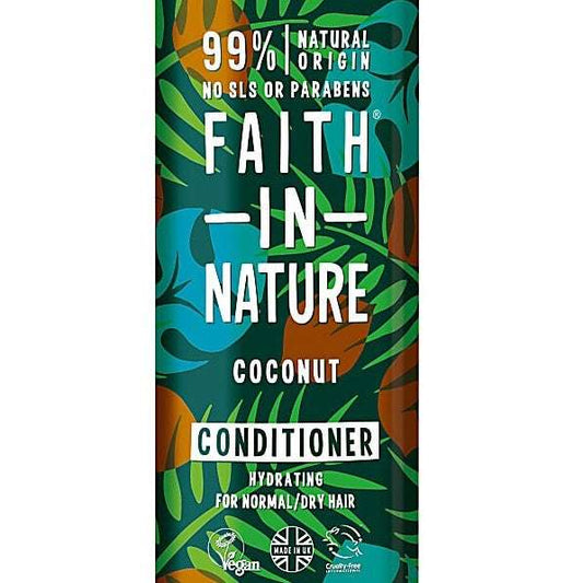 Faith in Nature coconut conditioner bottle with leafy design on a white background