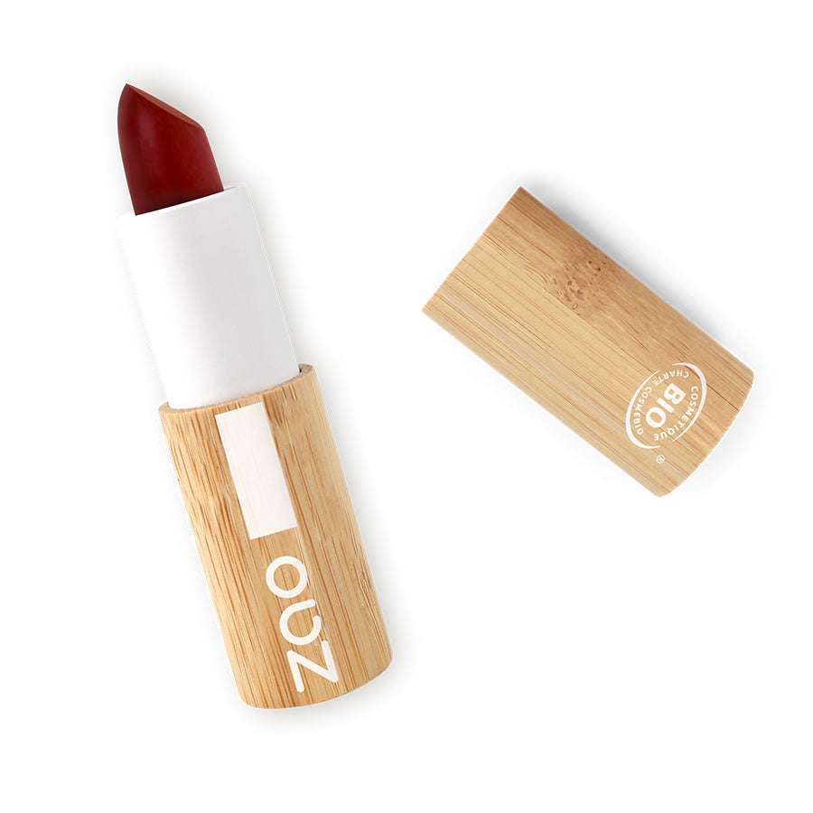 ORGANIC Natural Cocoon Lipstick REFILLABLE with natural bamboo casing and rich red plant-based color lipstick exposed