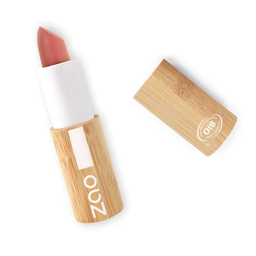ORGANIC Natural Cocoon Lipstick REFILLABLE with bamboo casing and soft natural pink shade on white background