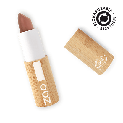 ORGANIC Natural Cocoon Lipstick REFILLABLE in eco-friendly bamboo case with soft natural brown shade and organic certification badge