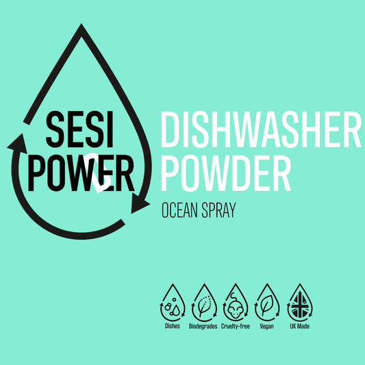 Product image for SESI Dishwasher Powder Ocean Spray, showing the brand logo and product name with icons indicating the product is biodegradable, vegan, and free from borax, parabens, and microplastics.