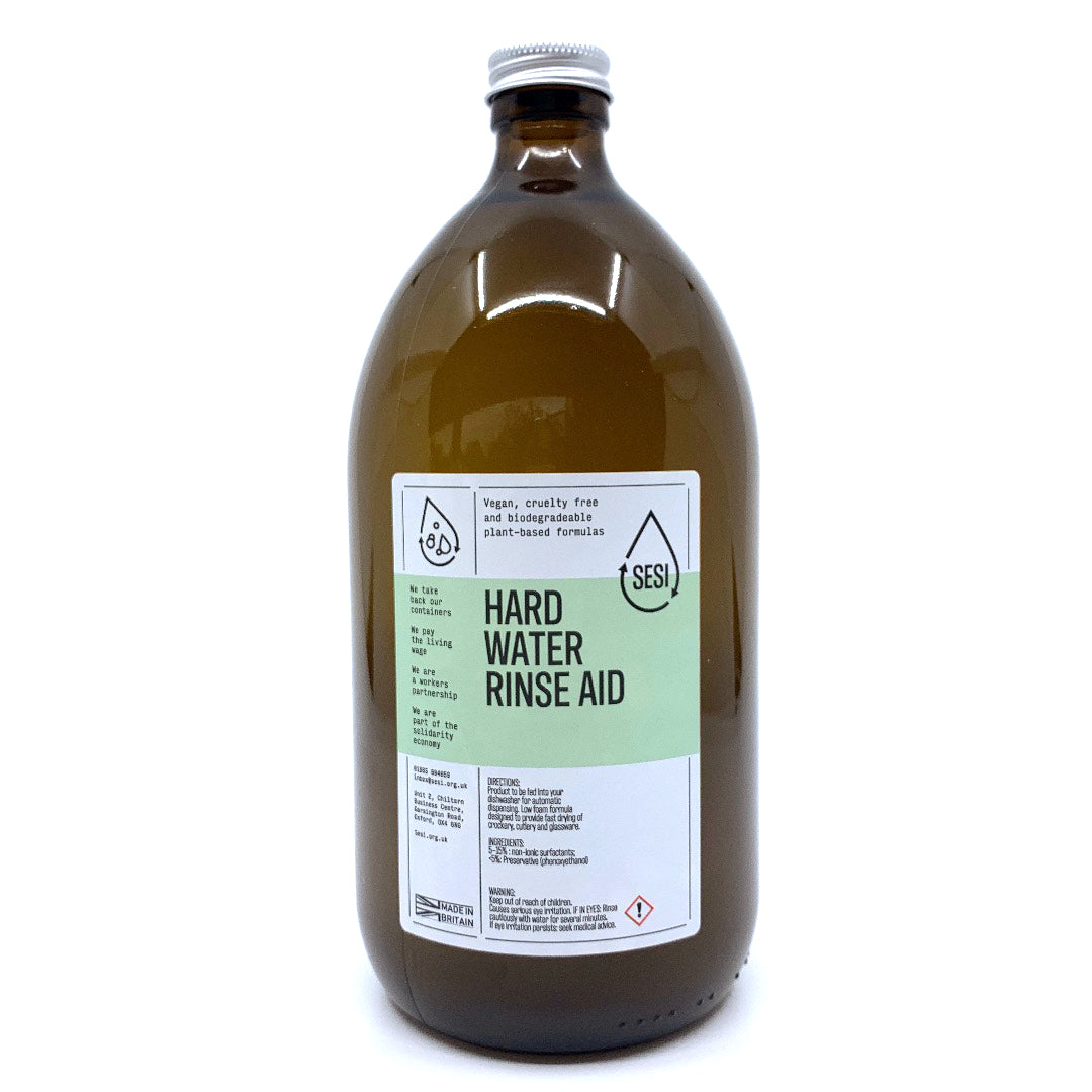 Hard Water Rinse Aid in glass amber bottle