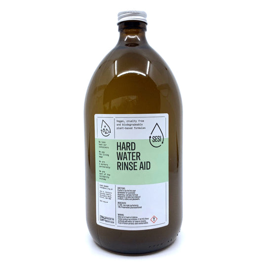 Hard Water Rinse Aid in glass amber bottle