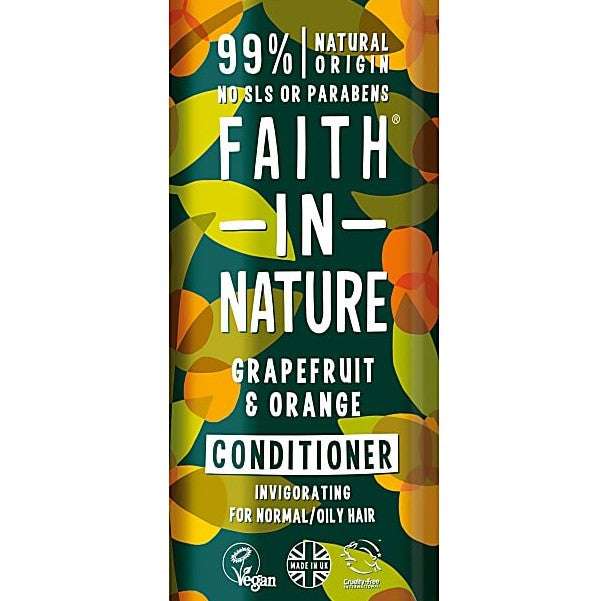 Conditioner packaging with 'Faith in Nature' branding and grapefruit & orange flavor on a green background.