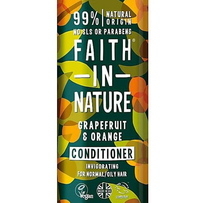 Conditioner packaging with 'Faith in Nature' branding and grapefruit & orange flavor on a green background.