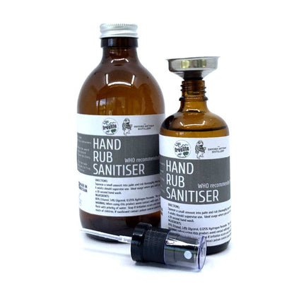 Two amber bottles of hand rub sanitiser with a Stainless Steel mini funnel placed on one bottle opening.