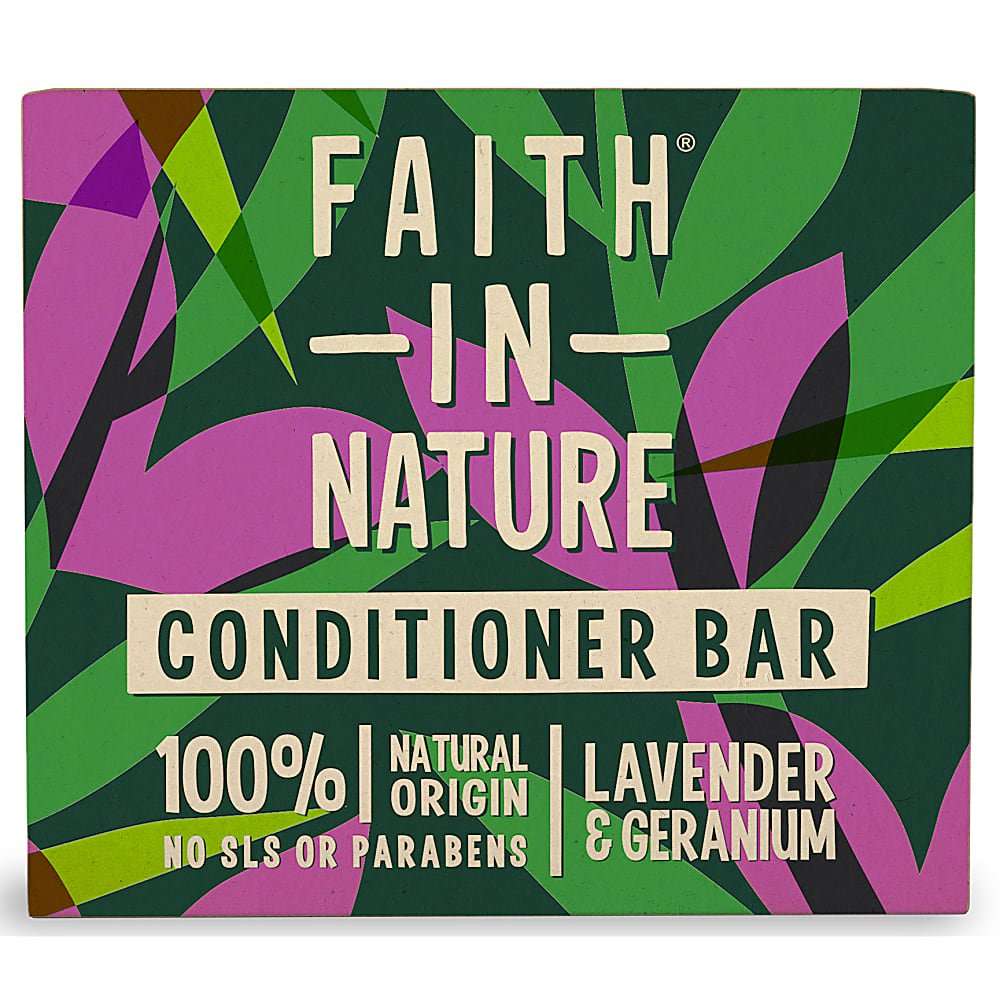 Conditioner bar packaging with 'Faith in Nature' branding and colorful leaf design.