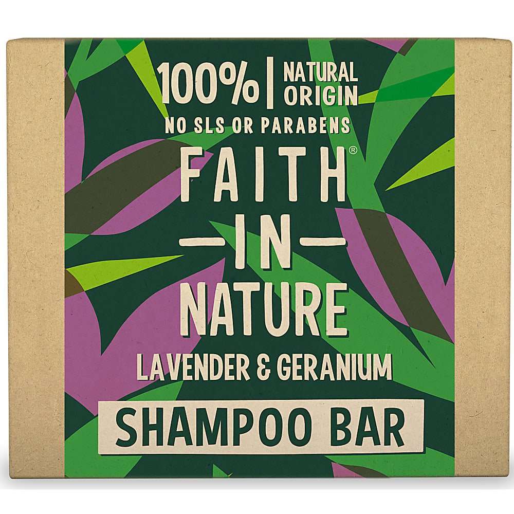 Box of Faith in Nature lavender and geranium shampoo bar with leaf design