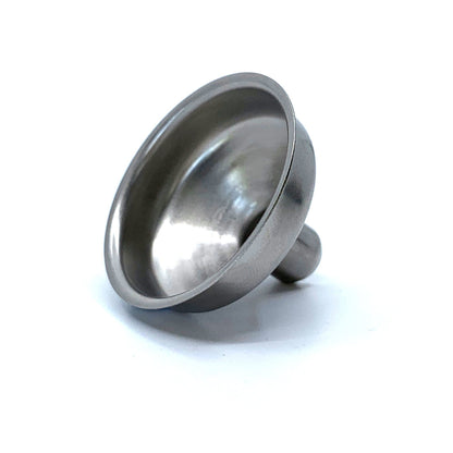 Stainless Steel mini funnel angled to show smooth metal surface and narrow spout for easy pouring tasks