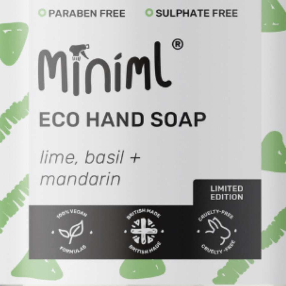 Miniml eco hand soap packaging with lime, basil, and mandarin scents on a white background.